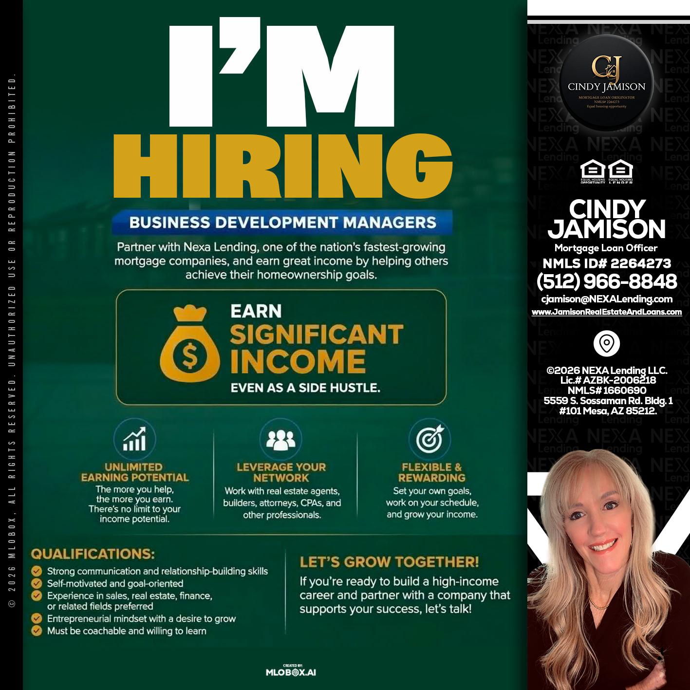IM HIRING - Cindy Jamison -Mortgage Loan Officer
